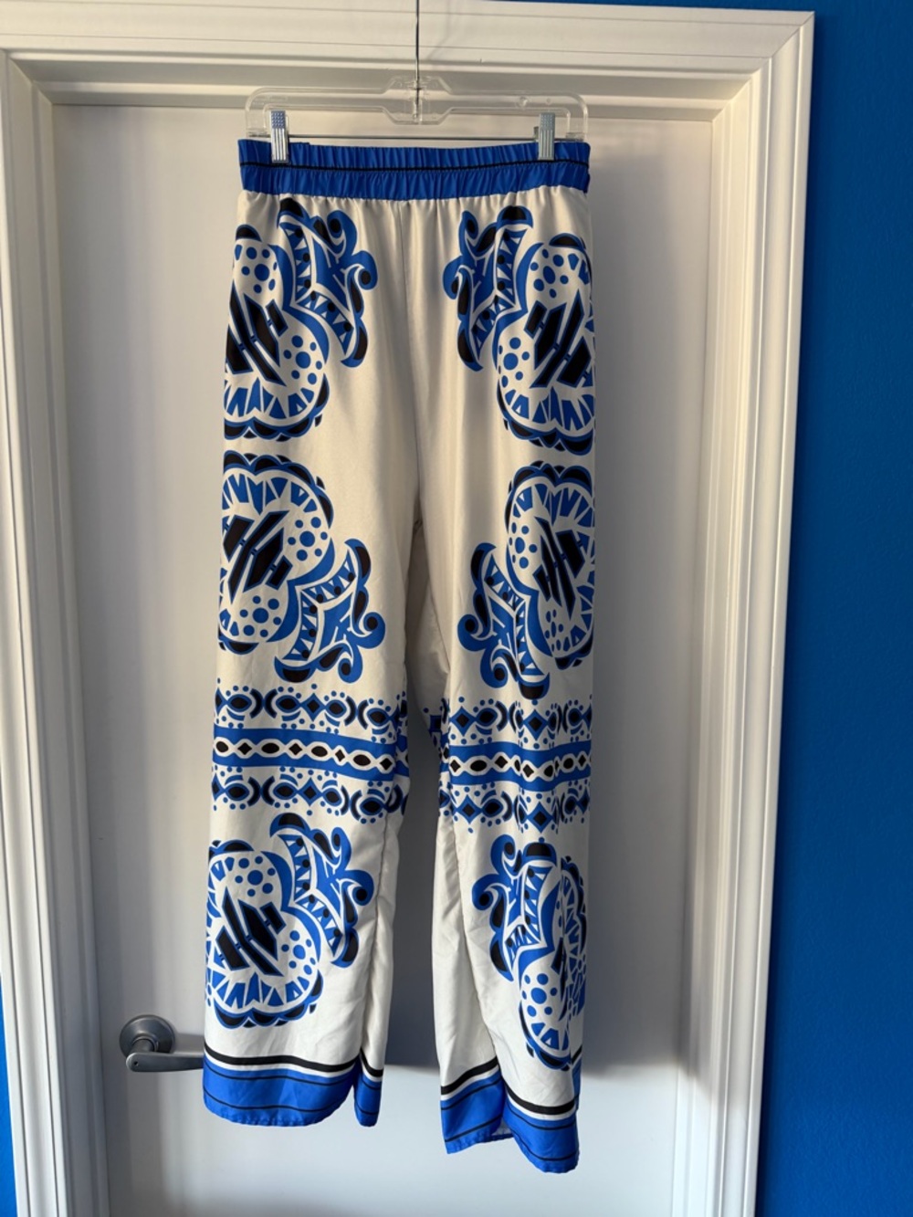 White Wide-Leg Pants with Bold Blue Printed Pattern